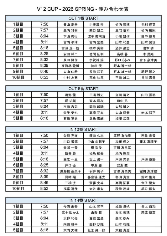 V12 CUP - 2026 SPRING -組み合わせ表